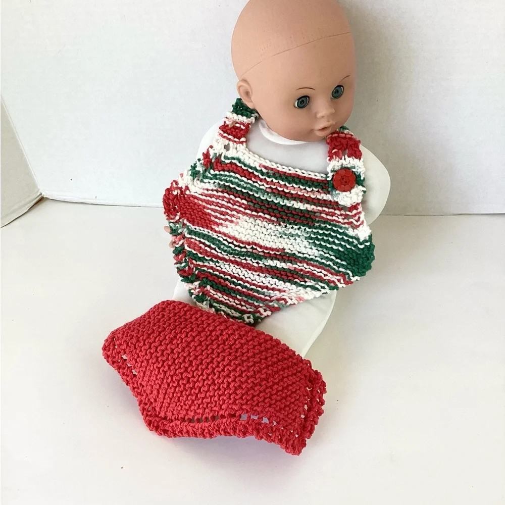 Bib Sets  Baby Washcloth Hand Crafted Red Green White  Cotton Holiday Christmas